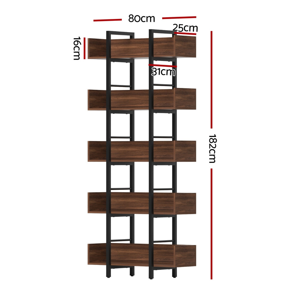 Bookshelf 5-Tier Bookcase Display Shelves - Walnut