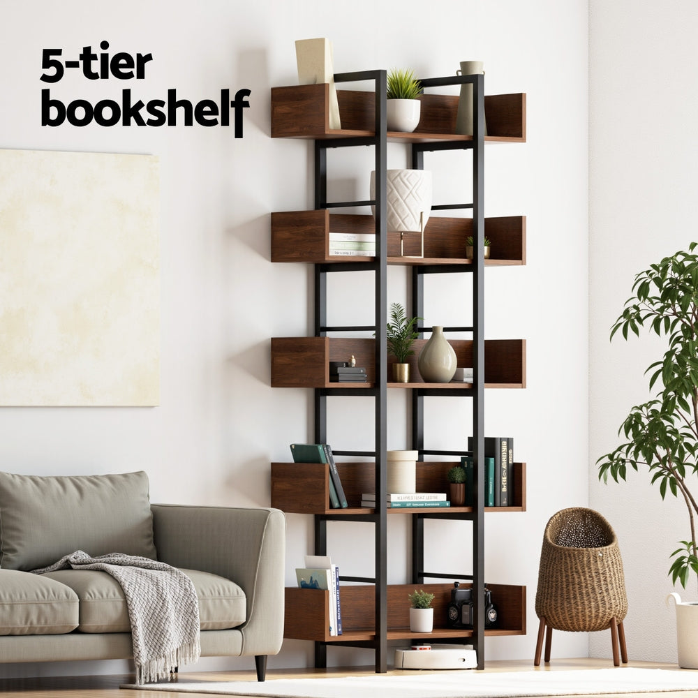 Bookshelf 5-Tier Bookcase Display Shelves - Walnut
