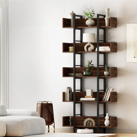 Bookshelf 5-Tier Bookcase Display Shelves - Walnut