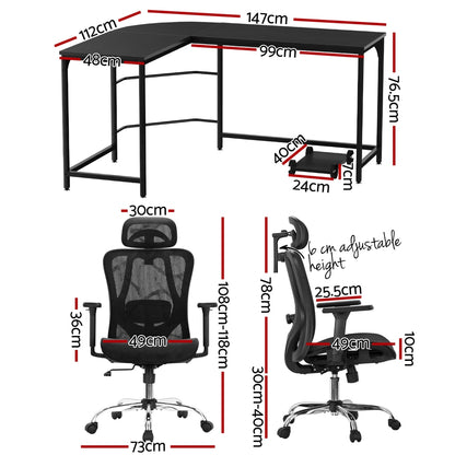 Computer Desk L-Shape Corner Desk & Ergonomic Office Chair - Black