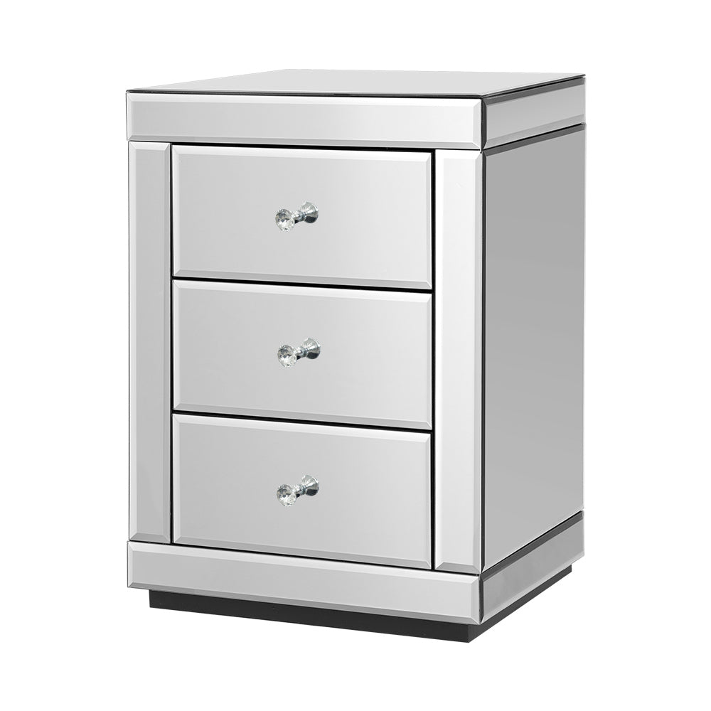 Presia Bedside Table 3 Drawers Mirrored Glass