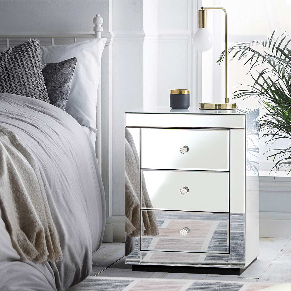 Presia Bedside Table 3 Drawers Mirrored Glass