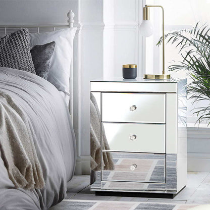 Presia Bedside Table 3 Drawers Mirrored Glass
