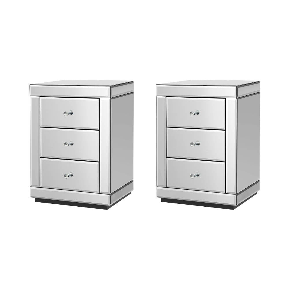 Presia Set of 2 Bedside Table 3 Drawers Mirrored Glass