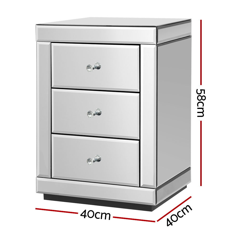 Presia Set of 2 Bedside Table 3 Drawers Mirrored Glass
