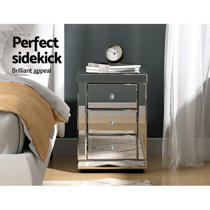 Presia Set of 2 Bedside Table 3 Drawers Mirrored Glass