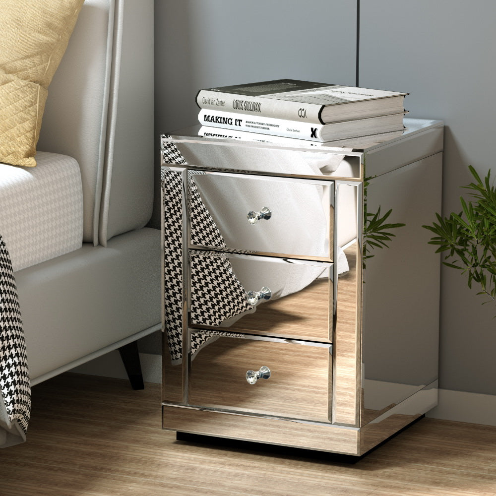 Presia Set of 2 Bedside Table 3 Drawers Mirrored Glass