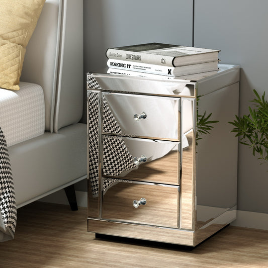 Presia Set of 2 Bedside Table 3 Drawers Mirrored Glass
