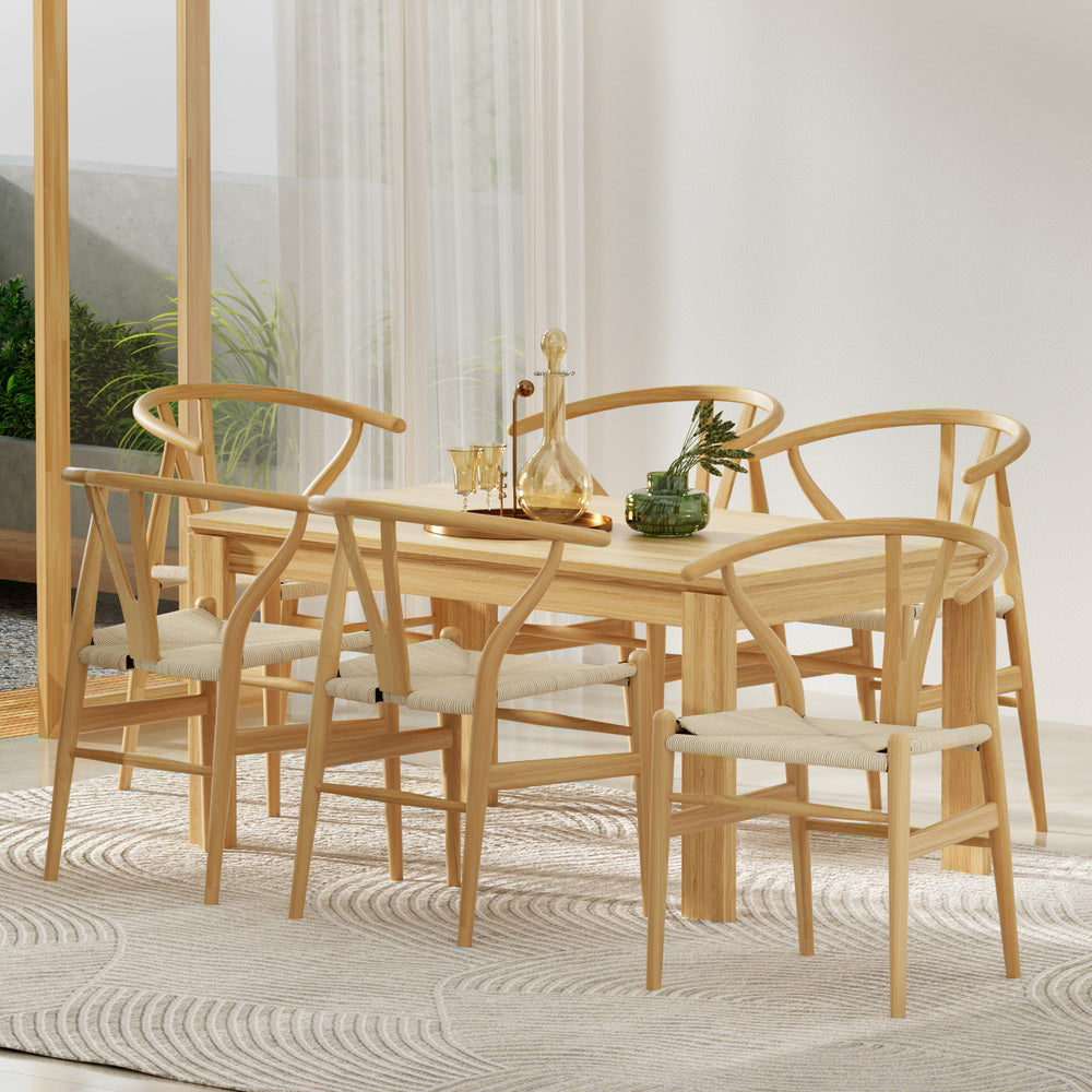 Set of 6 Wishbone Dining Chairs Wooden - Rattan Natural