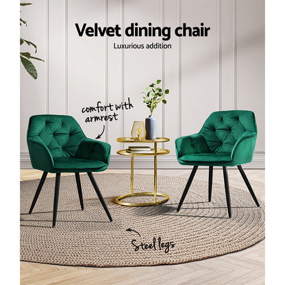 Set of 2 Valisa Velvet Diamond Tufted Dining Chairs Armchair - Green