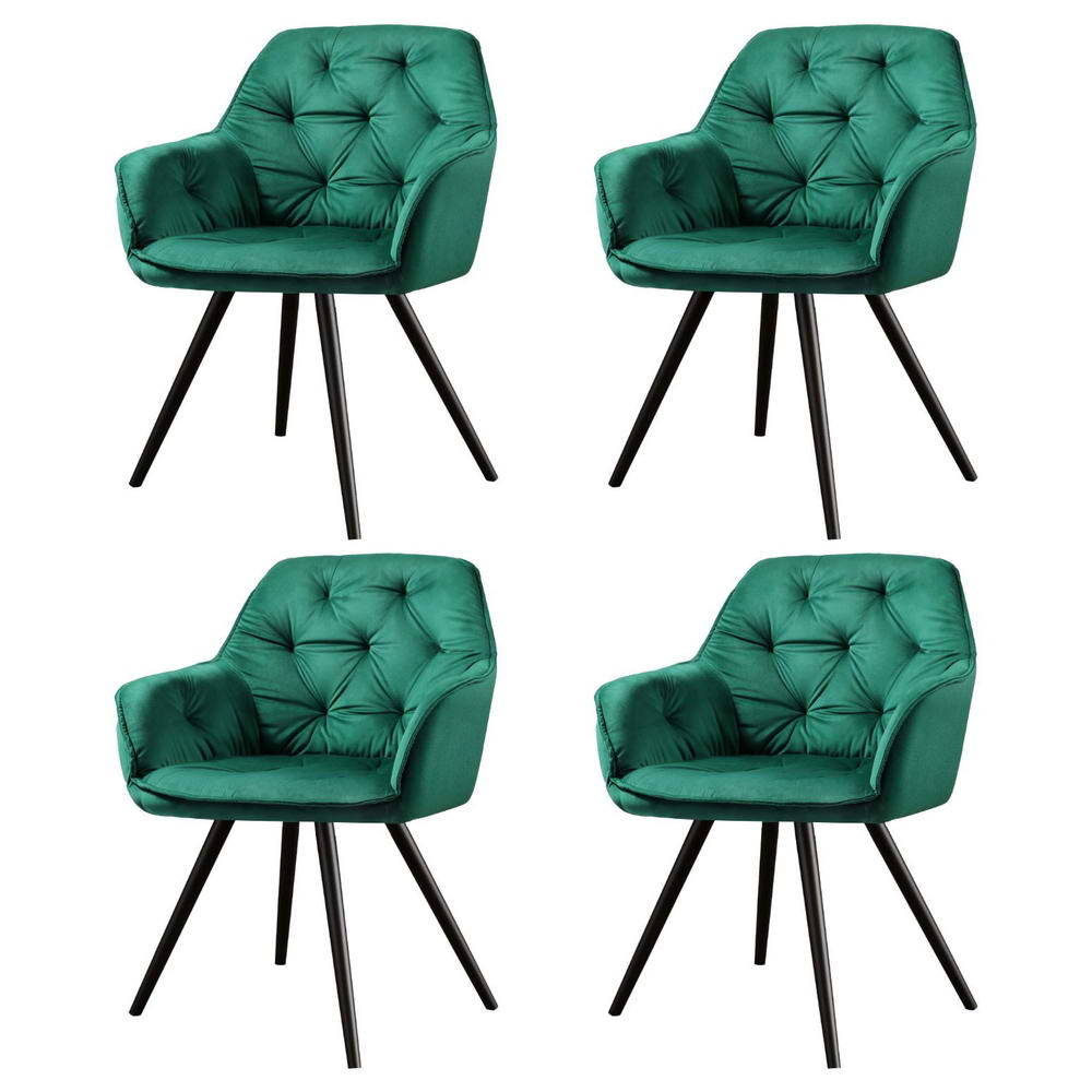 Set of 4 Diamond-Tufted Dining Chairs Velvet Armchair - Green