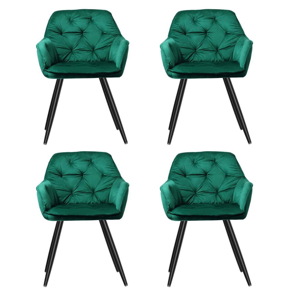 Set of 4 Diamond-Tufted Dining Chairs Velvet Armchair - Green
