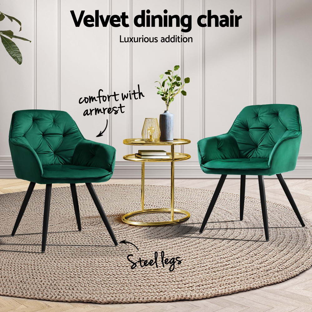 Set of 4 Diamond-Tufted Dining Chairs Velvet Armchair - Green