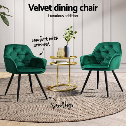 Set of 4 Diamond-Tufted Dining Chairs Velvet Armchair - Green