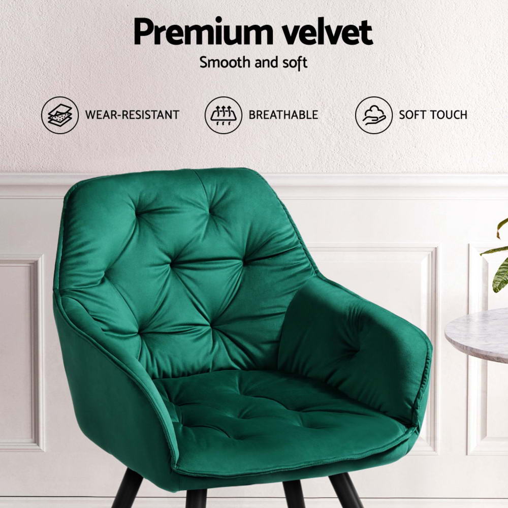 Set of 4 Diamond-Tufted Dining Chairs Velvet Armchair - Green