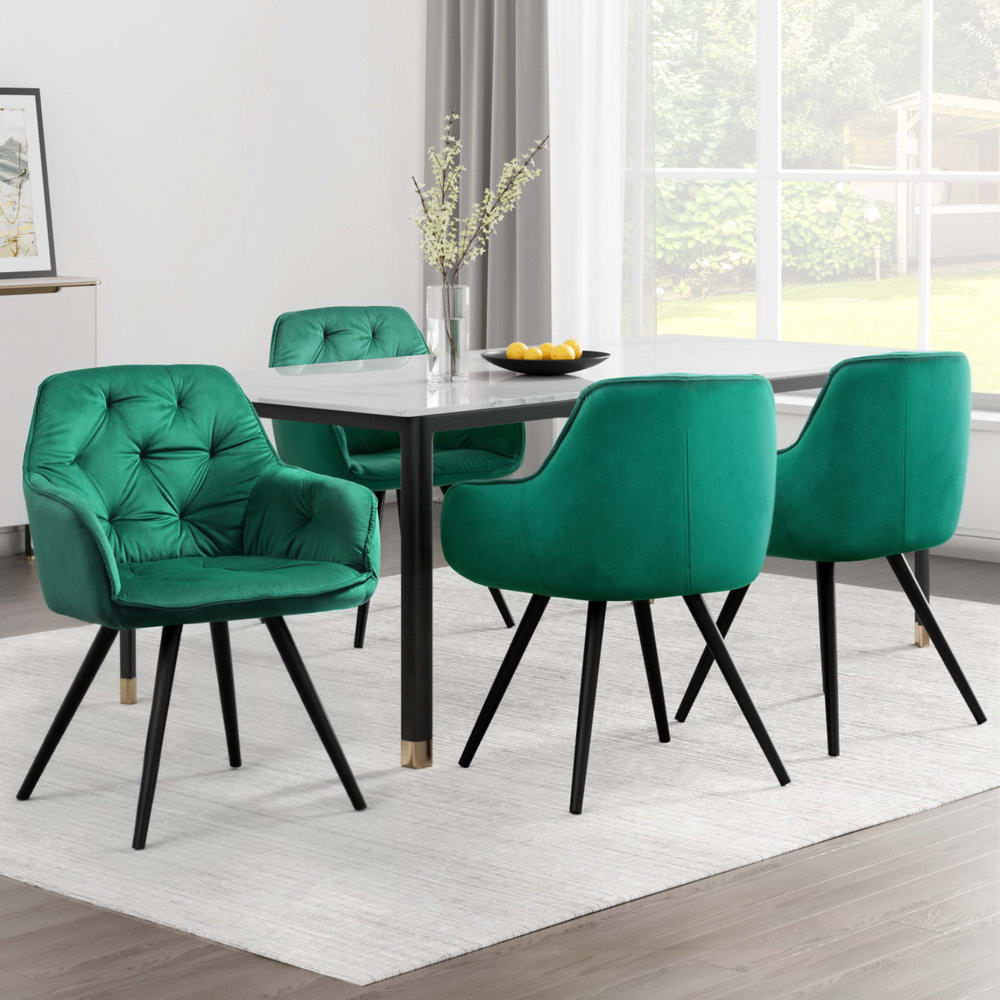 Set of 4 Diamond-Tufted Dining Chairs Velvet Armchair - Green
