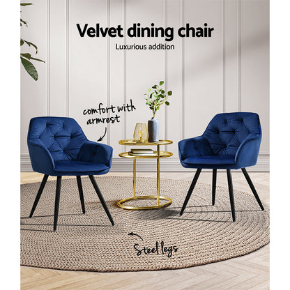 Set of 2 Valisa Velvet Diamond Tufted Dining Chairs Armchair - Blue
