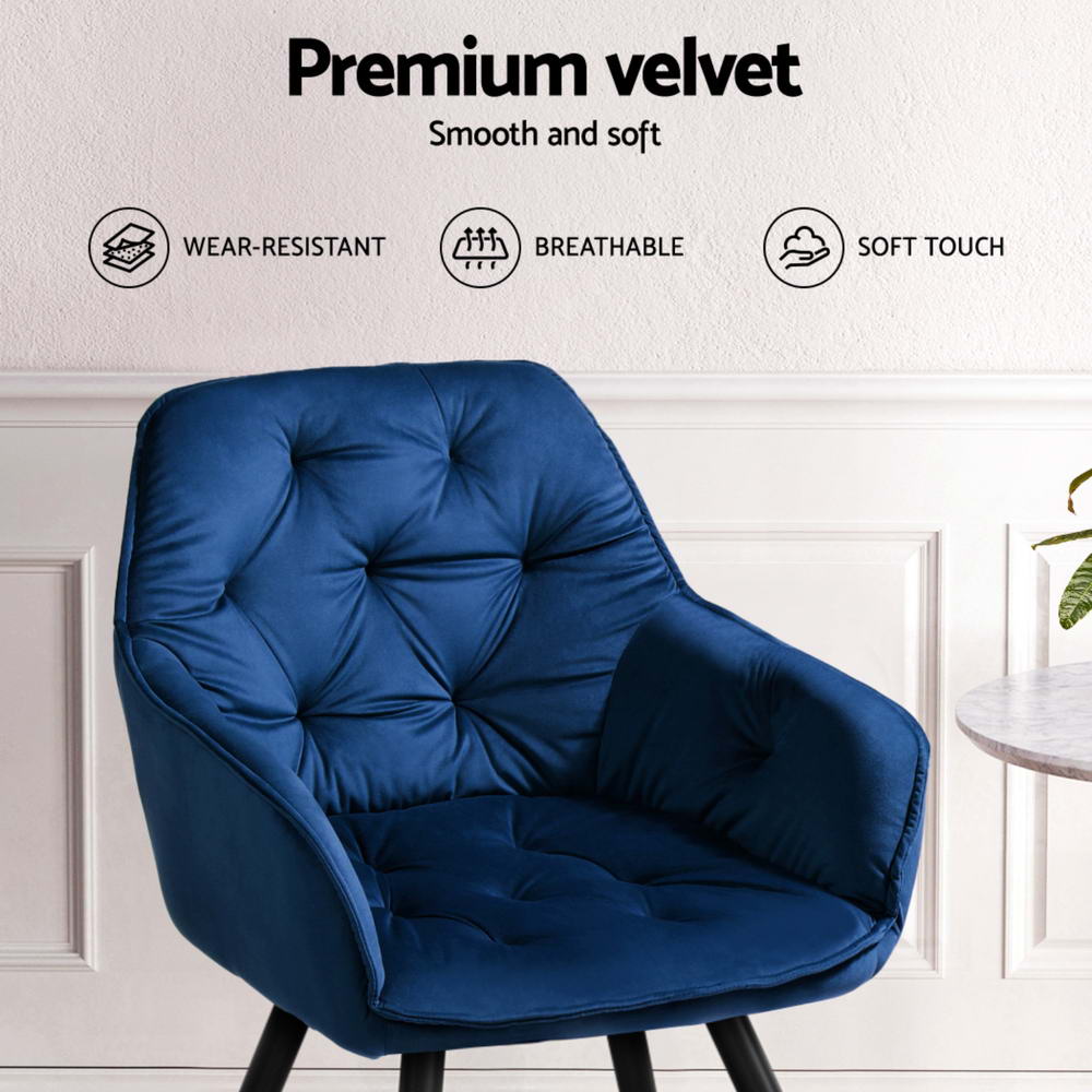 Set of 4 Diamond-Tufted Dining Chairs Velvet Armchair - Blue