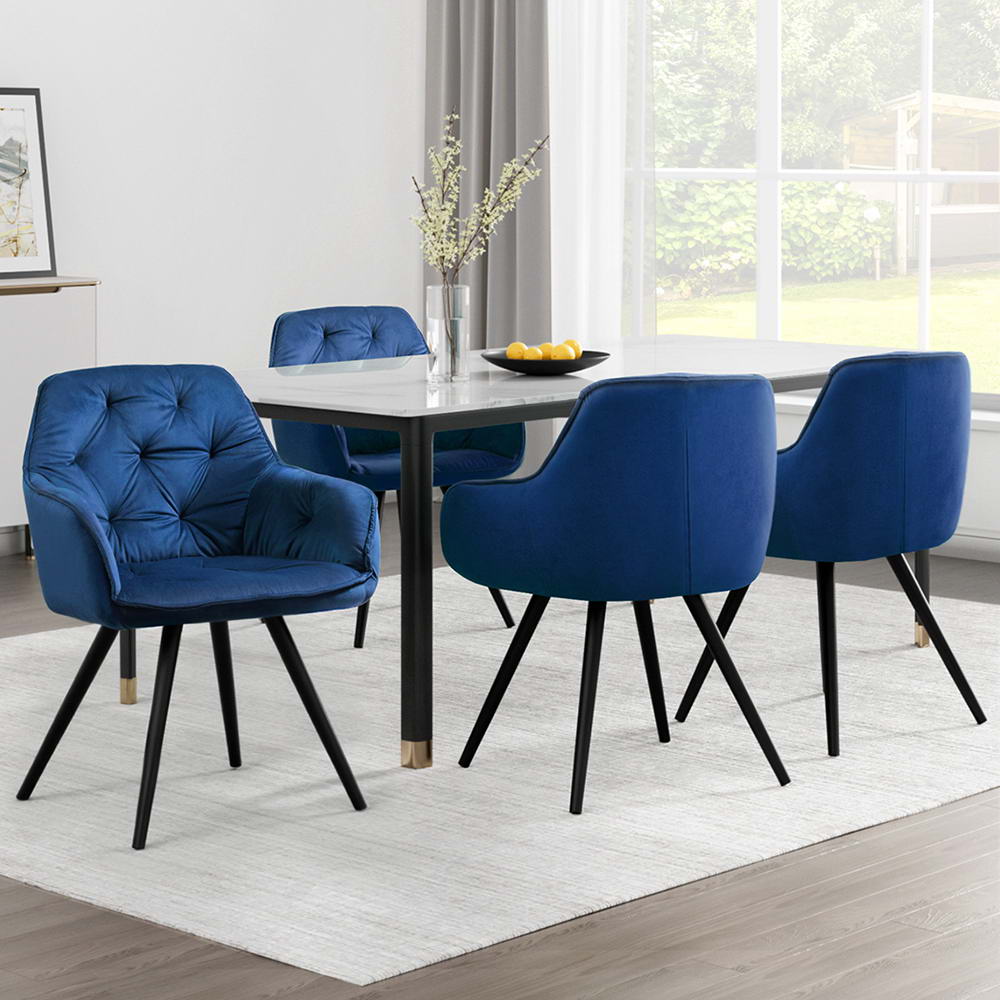 Set of 4 Diamond-Tufted Dining Chairs Velvet Armchair - Blue