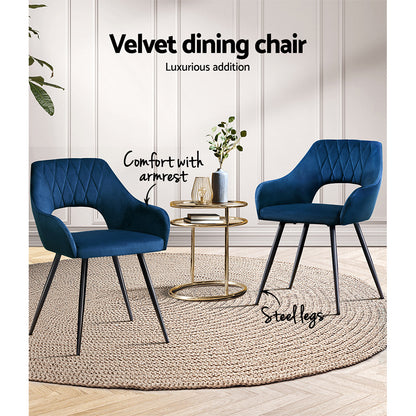 Set of 2 Caitlee Dining Chairs Velvet Hollow Armchair - Blue