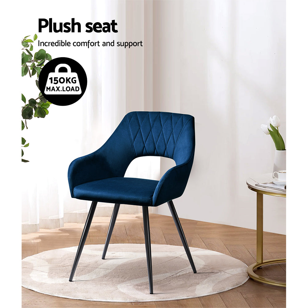 Set of 2 Caitlee Dining Chairs Velvet Hollow Armchair - Blue