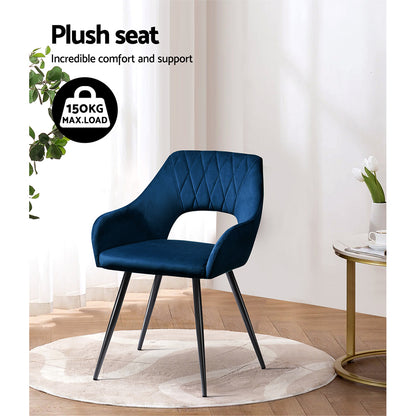 Set of 2 Caitlee Dining Chairs Velvet Hollow Armchair - Blue