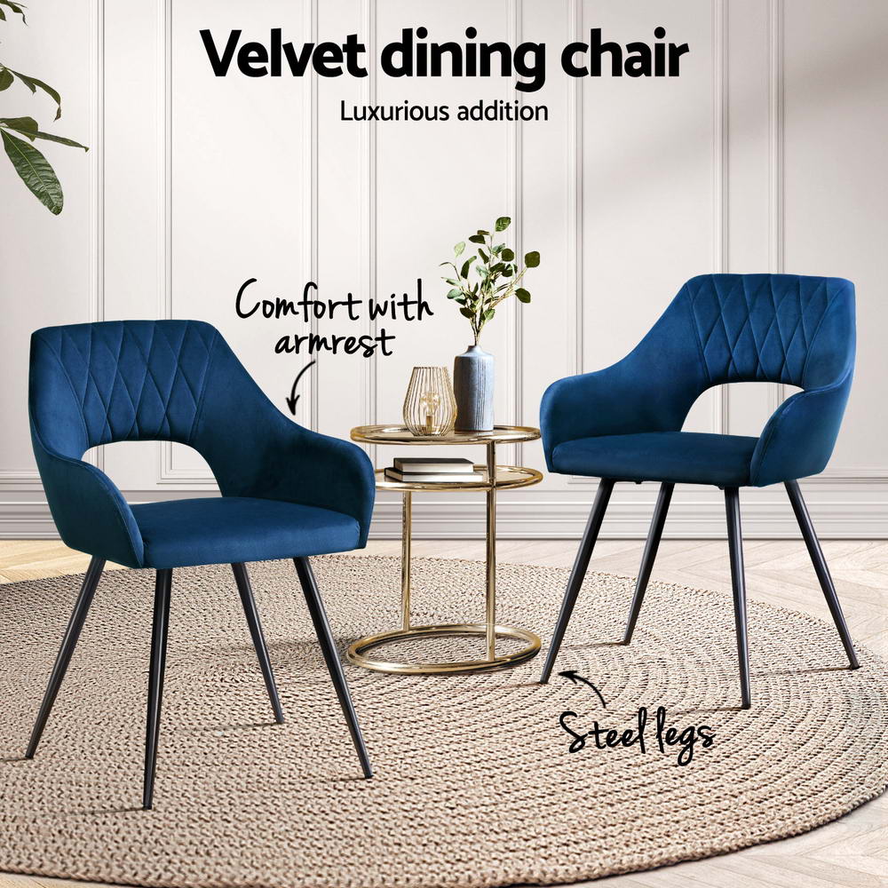 Set of 4 Velvet Hollow Dining Chairs Armchair - Blue