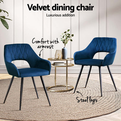 Set of 4 Velvet Hollow Dining Chairs Armchair - Blue