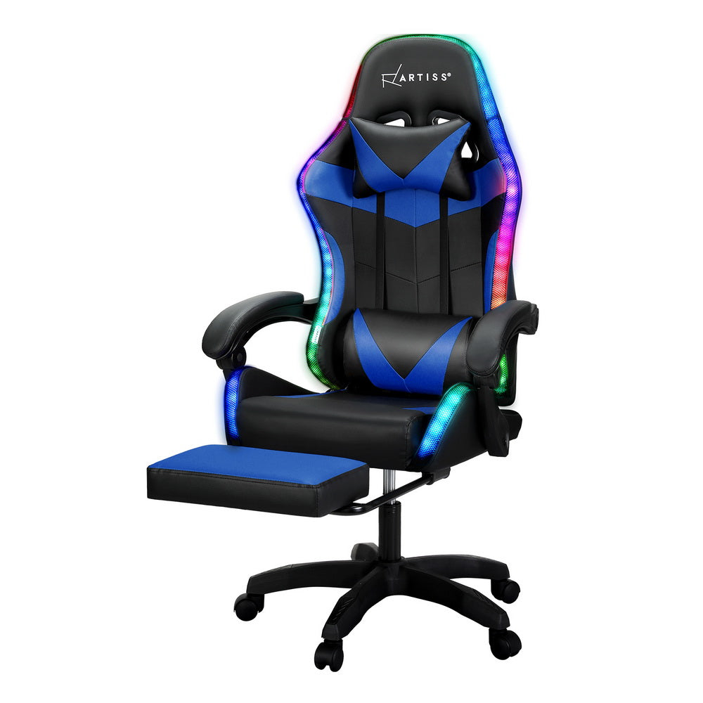 Massage Gaming Office Chair 7 LED Footrest - Blue