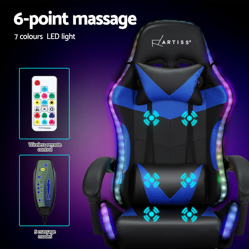 Massage Gaming Office Chair 7 LED Footrest - Blue