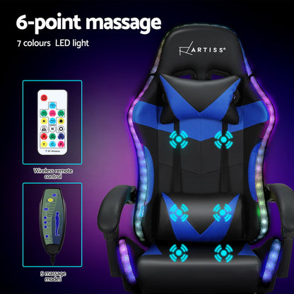 Massage Gaming Office Chair 7 LED Footrest - Blue