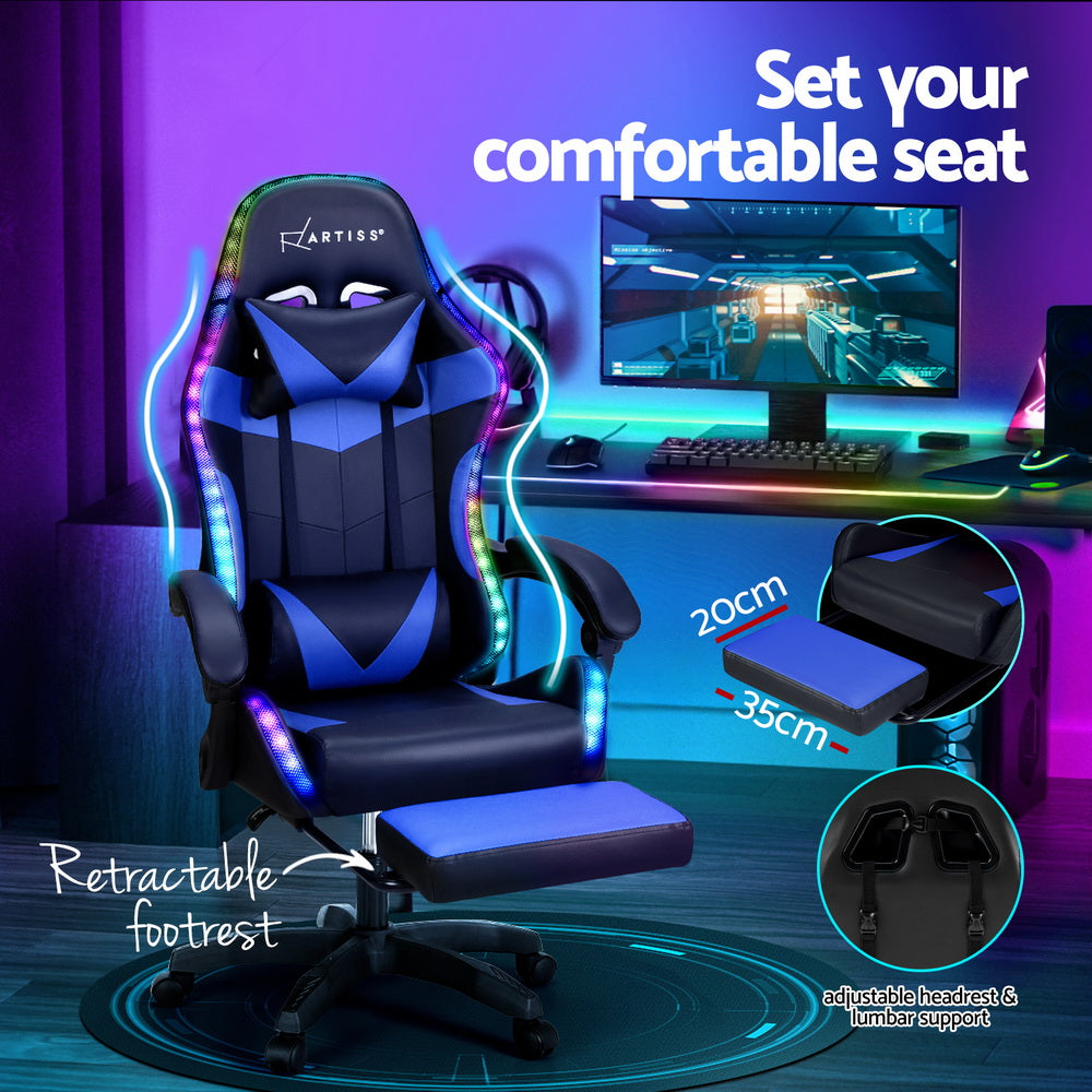 Massage Gaming Office Chair 7 LED Footrest - Blue