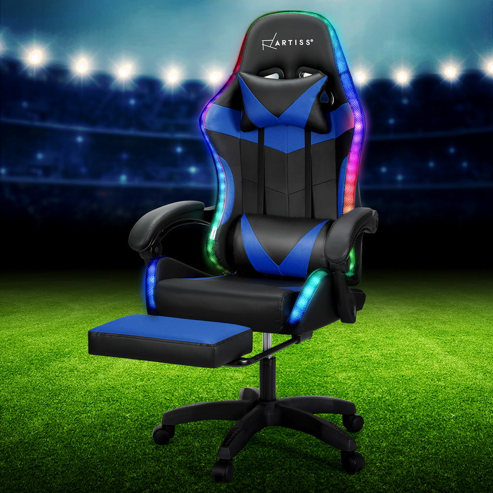 Massage Gaming Office Chair 7 LED Footrest - Blue
