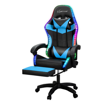 Massage Gaming Office Chair 7 LED Footrest - Cyan Blue