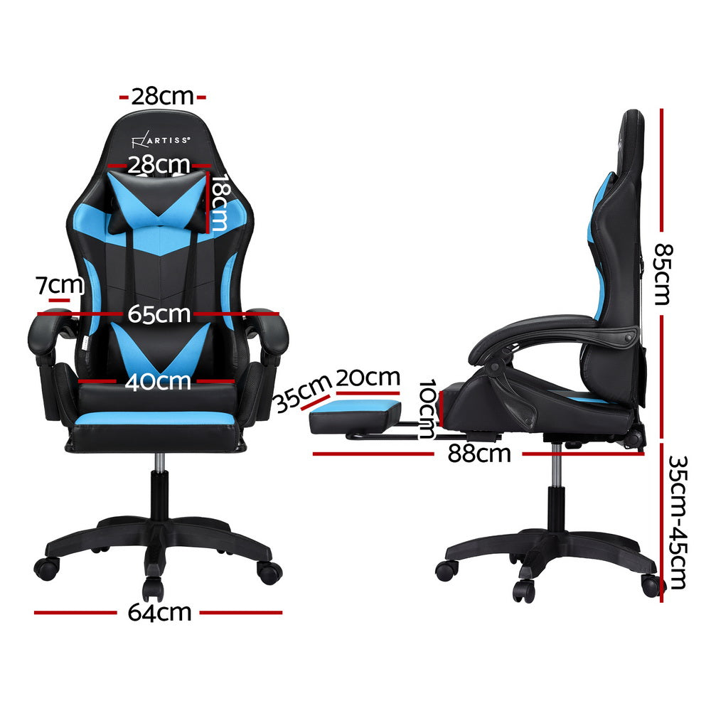 Massage Gaming Office Chair 7 LED Footrest - Cyan Blue