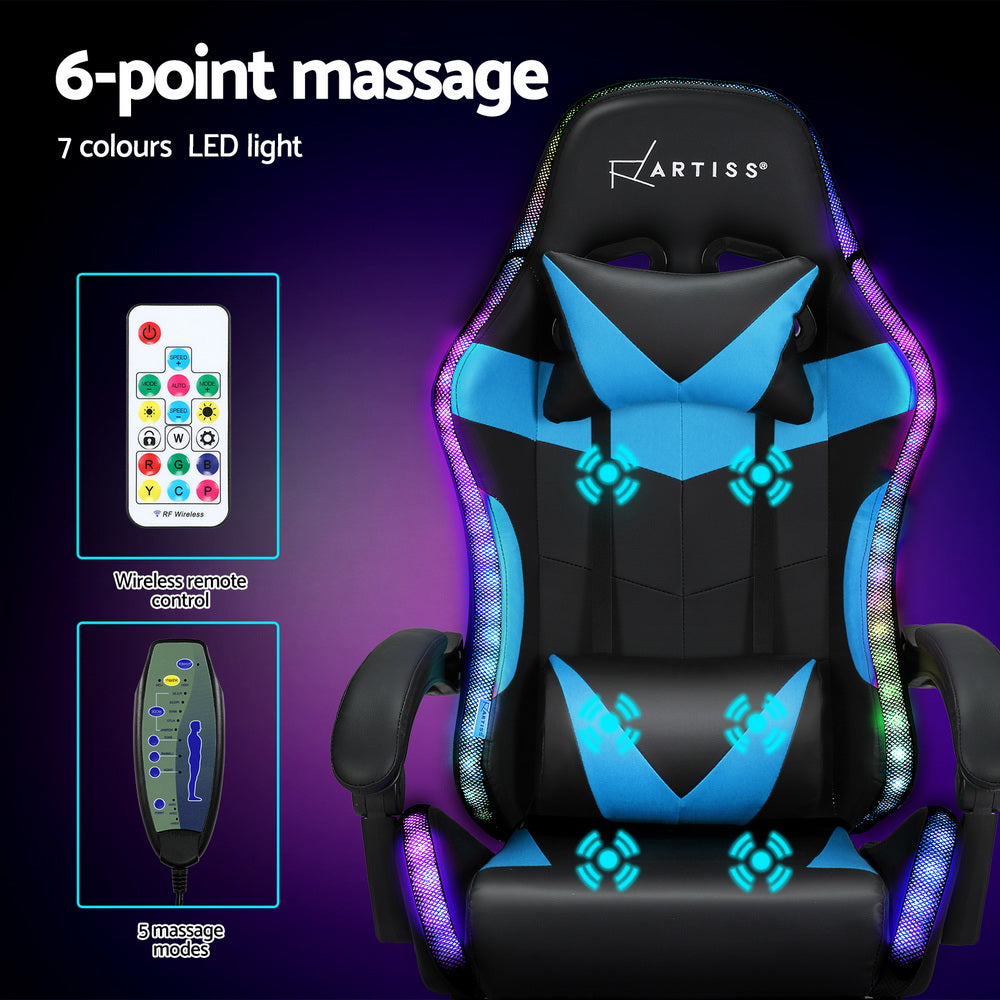 Massage Gaming Office Chair 7 LED Footrest - Cyan Blue