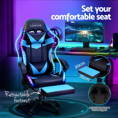 Massage Gaming Office Chair 7 LED Footrest - Cyan Blue