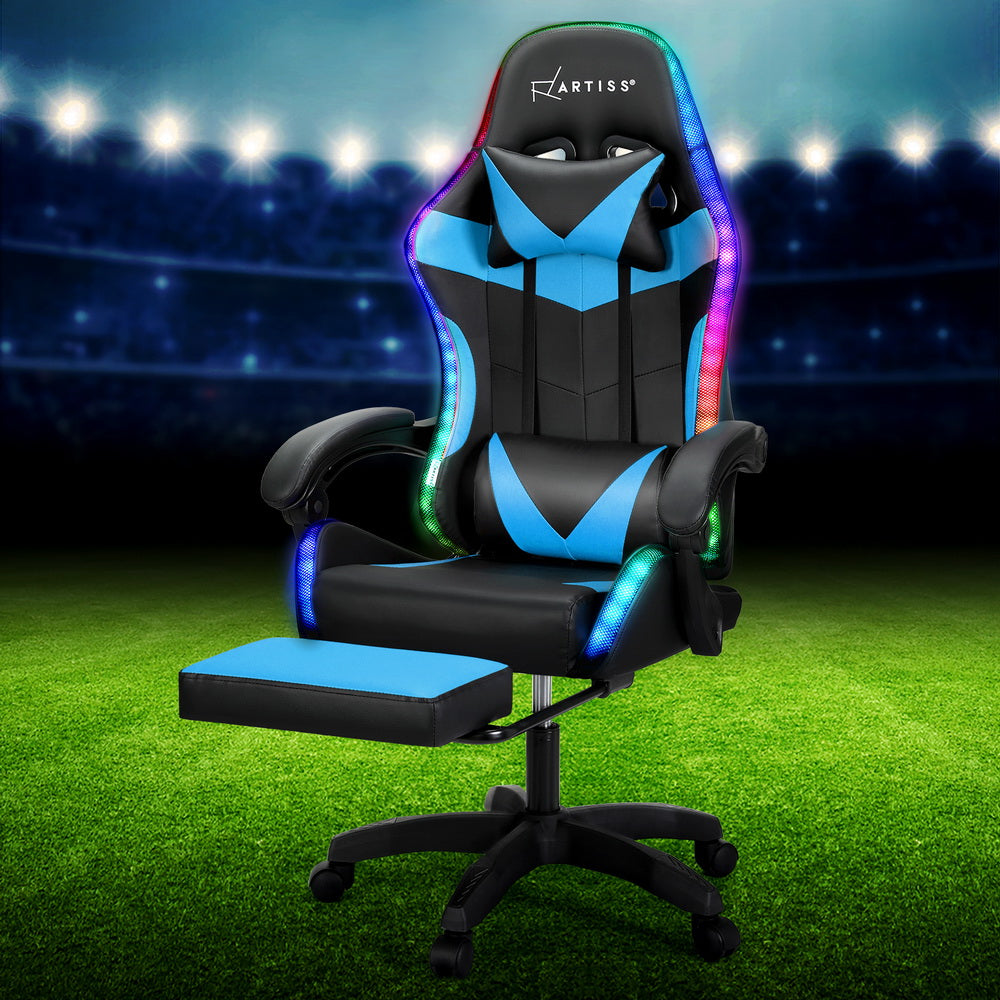 Massage Gaming Office Chair 7 LED Footrest - Cyan Blue