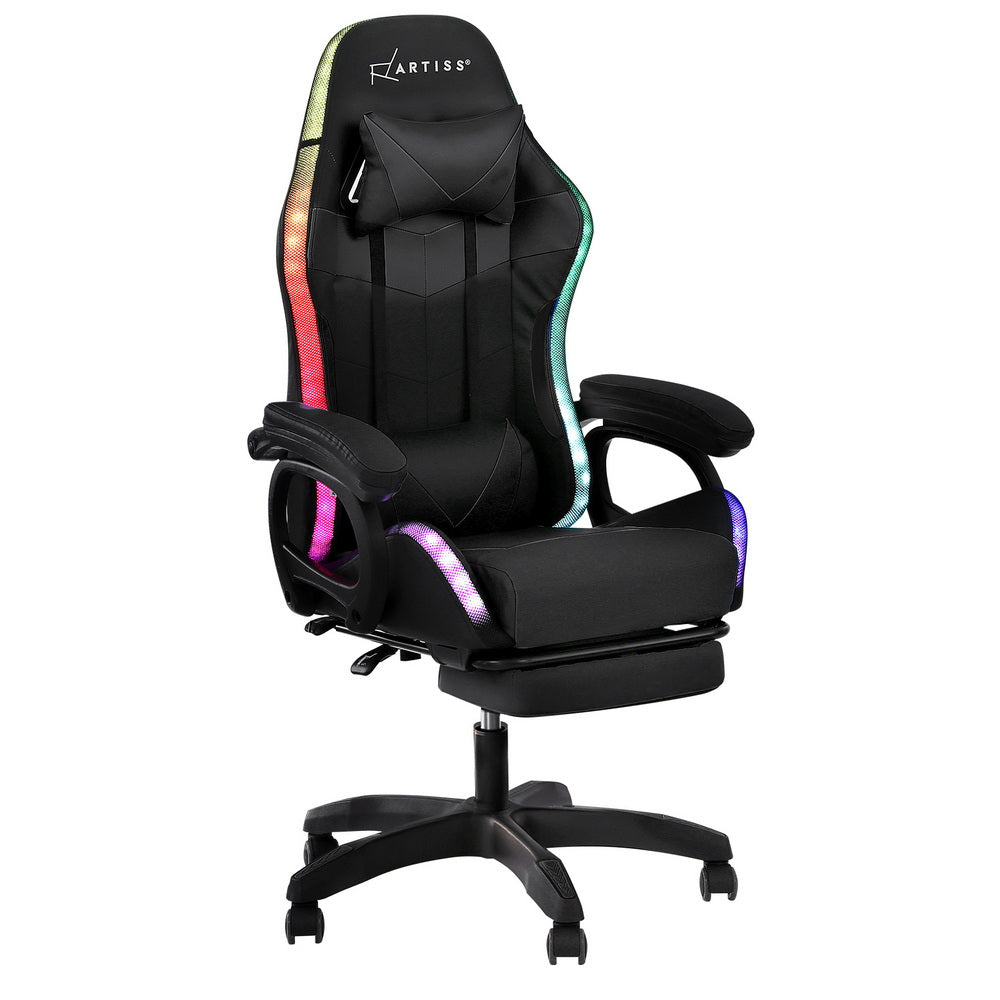 Gaming Office Chair 12 RGB LED Massage Seat Footrest - Black