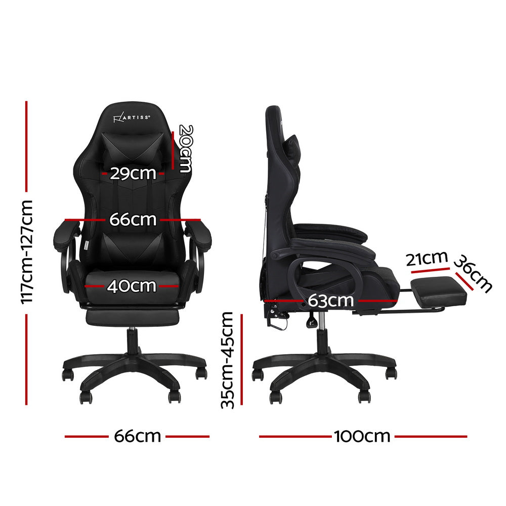 Gaming Office Chair 12 RGB LED Massage Seat Footrest - Black