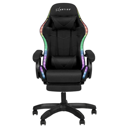 Gaming Office Chair 12 RGB LED Massage Seat Footrest - Black