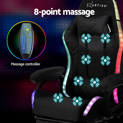 Gaming Office Chair 12 RGB LED Massage Seat Footrest - Black