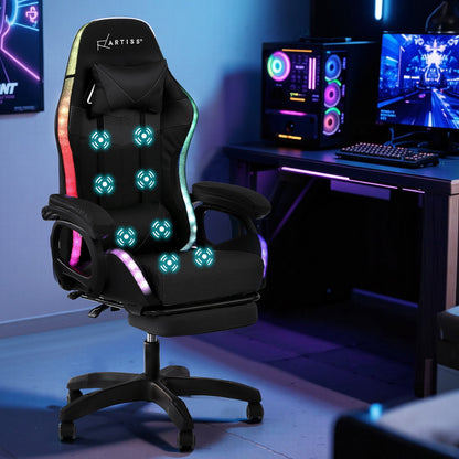 Gaming Office Chair 12 RGB LED Massage Seat Footrest - Black