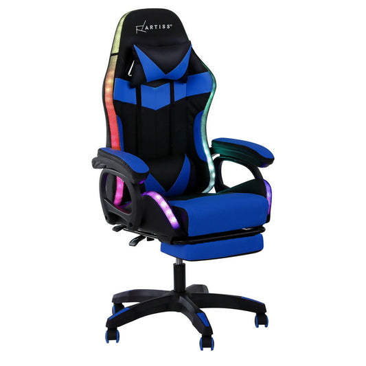 Gaming Office Chair 12 RGB LED Massage Seat Footrest - Blue