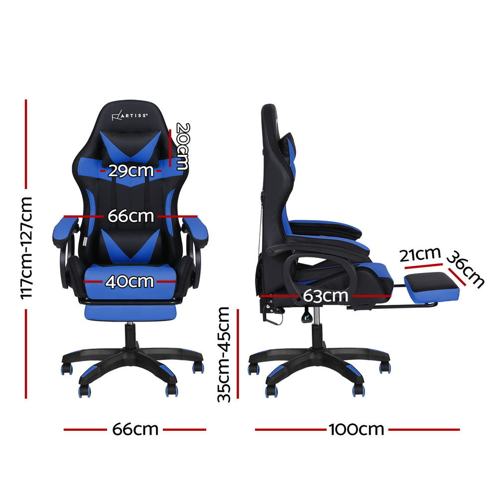 Gaming Office Chair 12 RGB LED Massage Seat Footrest - Blue