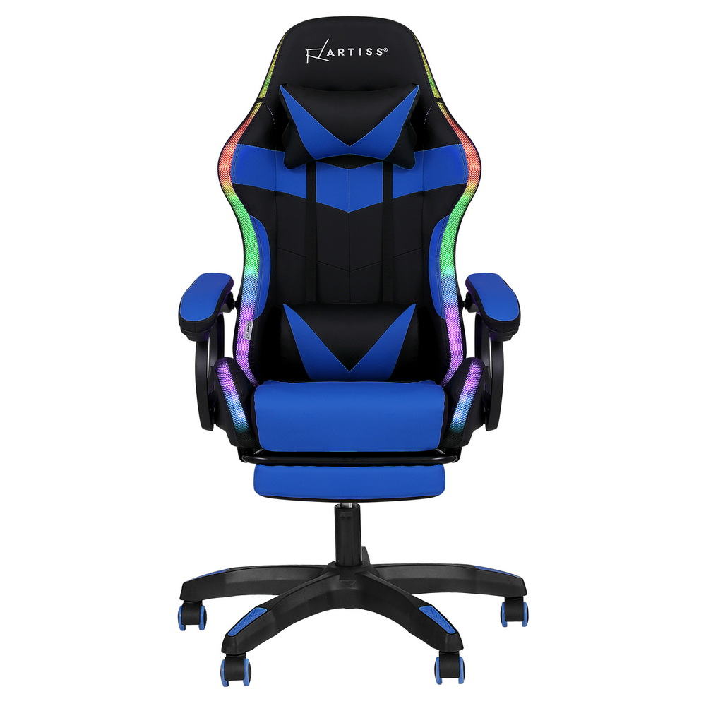 Gaming Office Chair 12 RGB LED Massage Seat Footrest - Blue