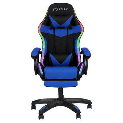 Gaming Office Chair 12 RGB LED Massage Seat Footrest - Blue