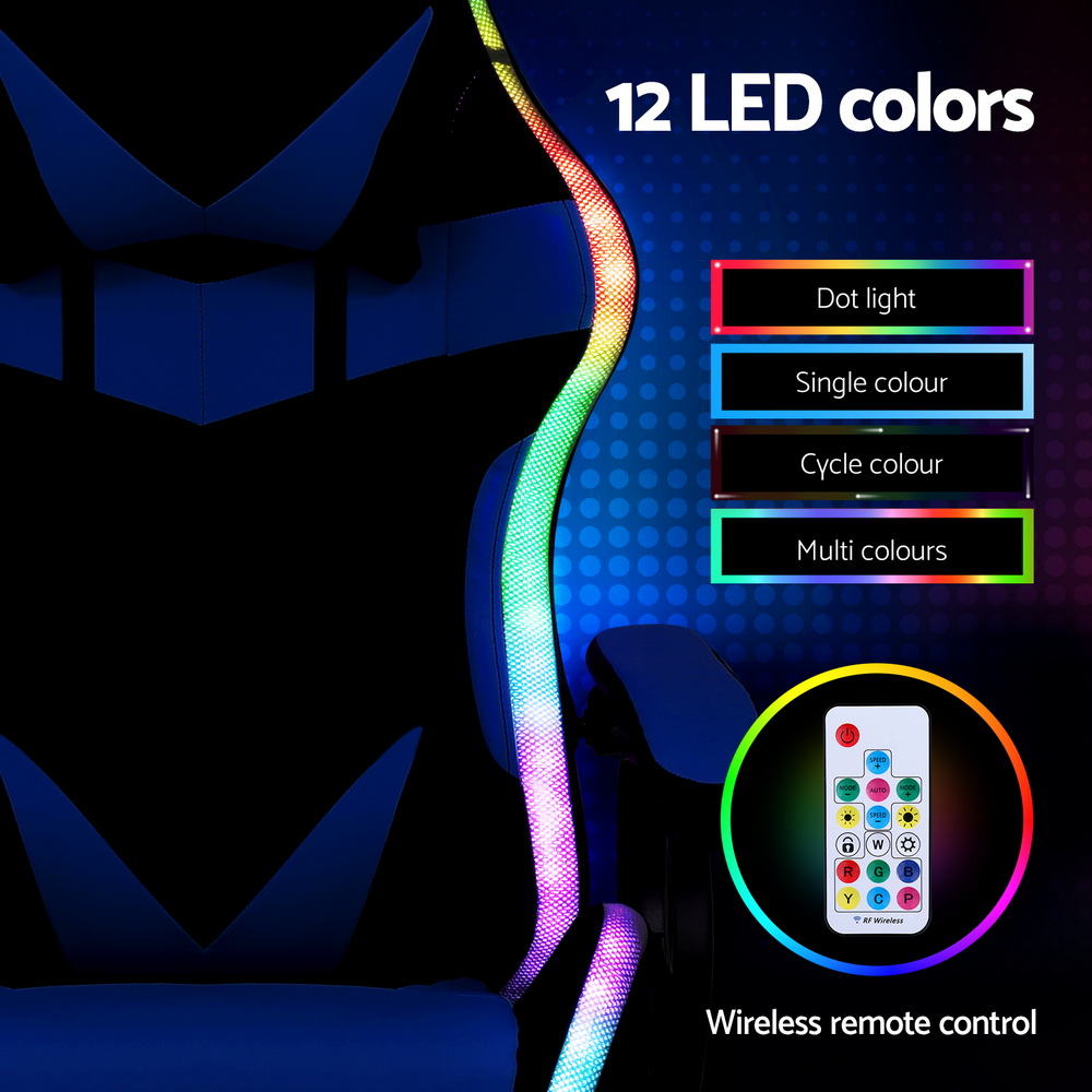 Gaming Office Chair 12 RGB LED Massage Seat Footrest - Blue
