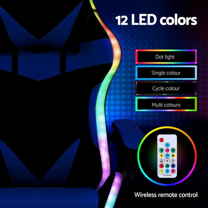 Gaming Office Chair 12 RGB LED Massage Seat Footrest - Blue
