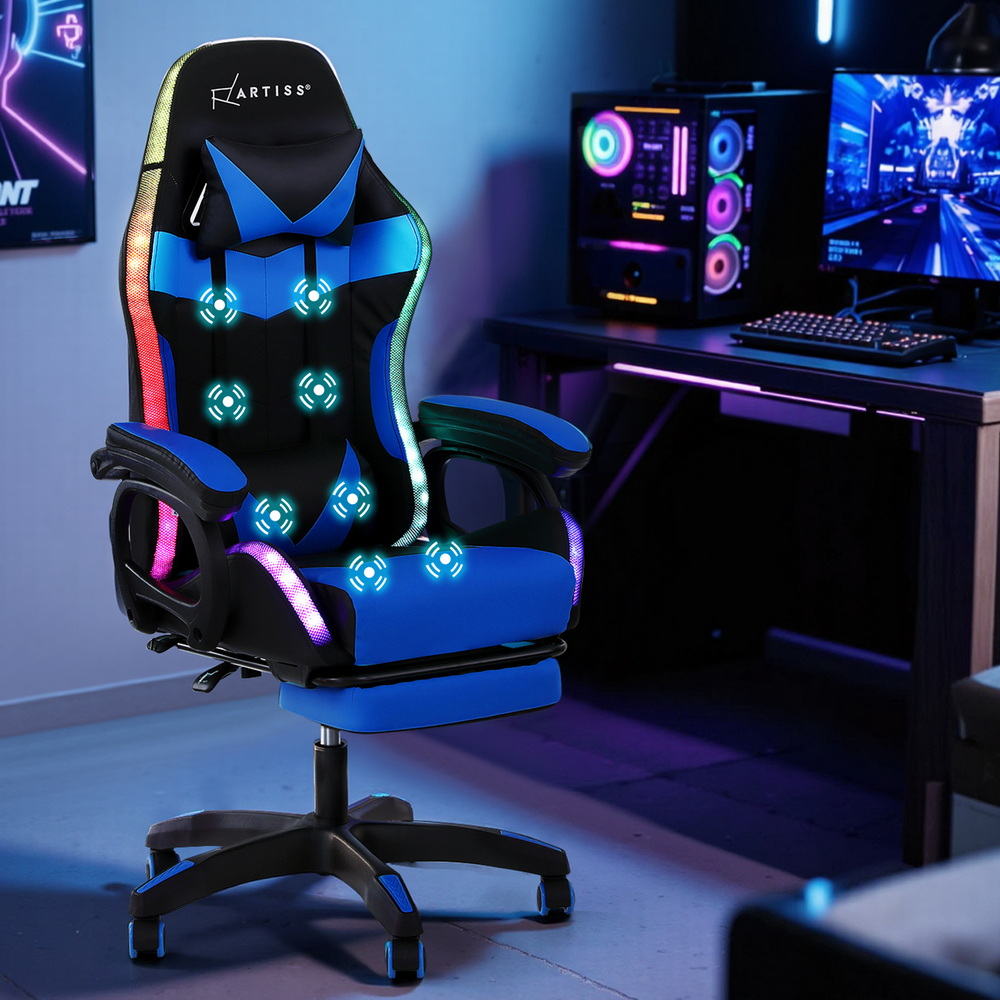 Gaming Office Chair 12 RGB LED Massage Seat Footrest - Blue